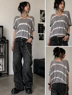 Paraphrase Gray TieDye Top Womens XS Oversized Y2K Grunge Lagenlook Short Sleeve